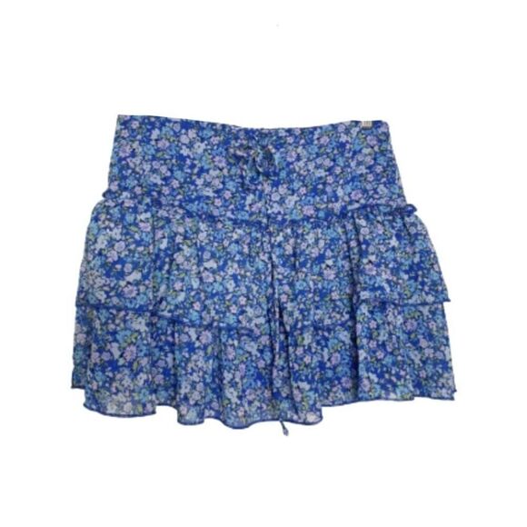 Wild Fable Womens Tiered Mini Skirt S Blue Floral Drawstring Waist Cottagecore - Picture 2 of 5
